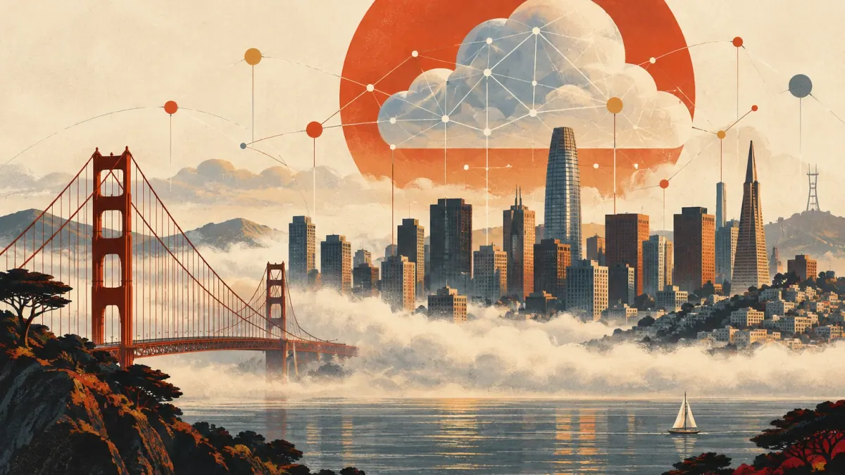 Editorial illustration: San Francisco enterprise AI conference